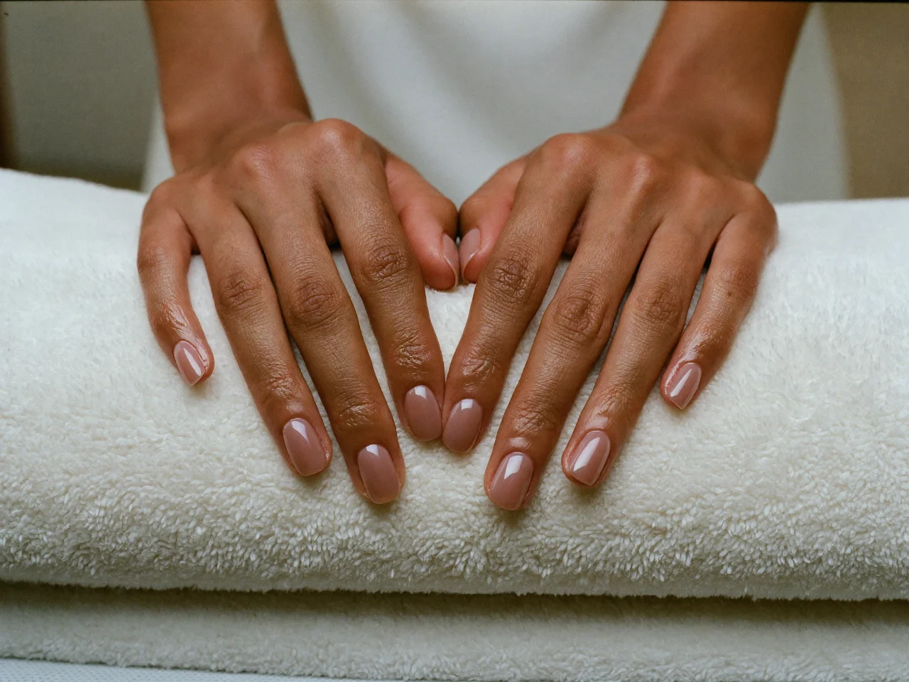 Gepflegte Hände mit geformten Naturnägeln und neutralem Nude-Lack