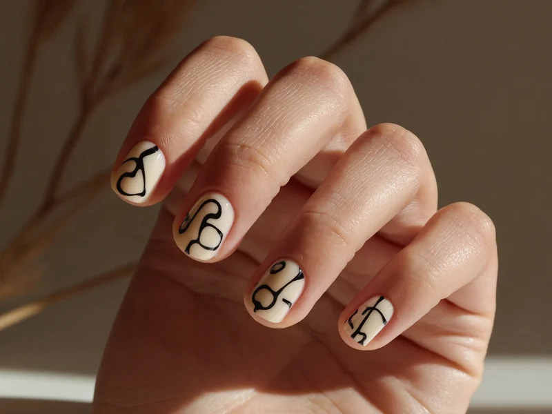 Kurze Nägel mit feiner, handgemalter Linienkunst in Schwarz und Creme